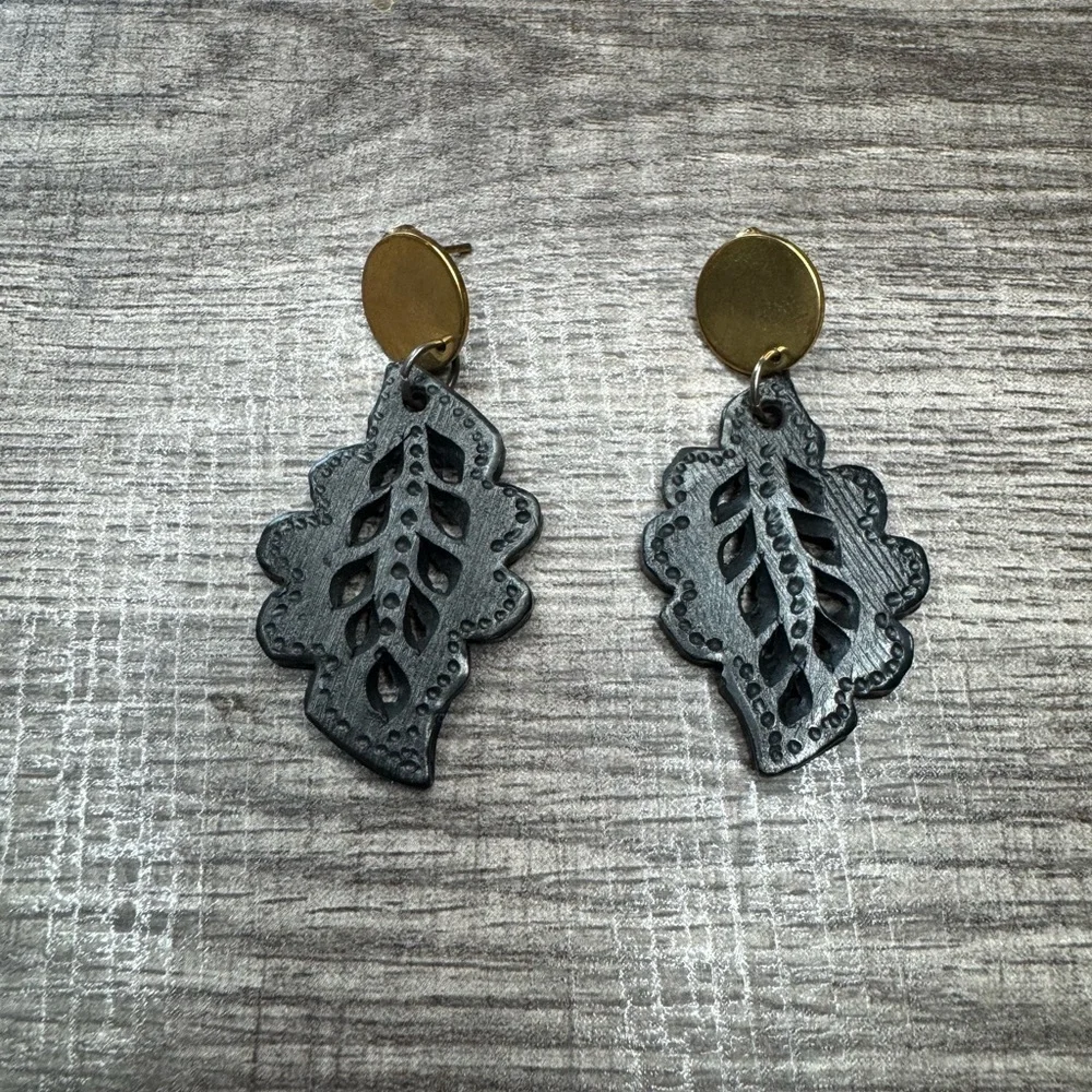 Black clay Black and Gold Leaf Earrings